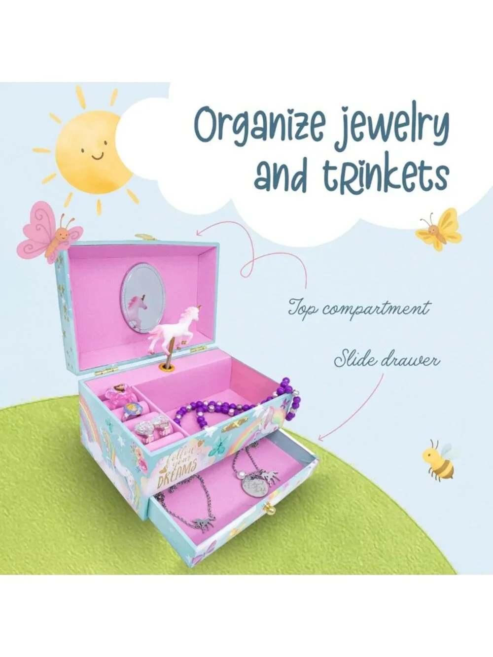 Unicorn Musical Jewelry Box for Kids - Classic Melody, Storage Organizer, MDF